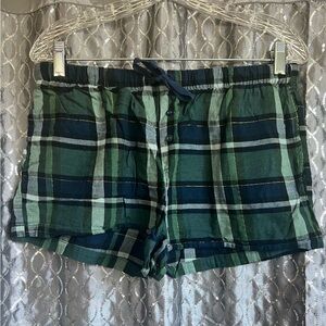 Green and navy plaid/flannel pajama shorts